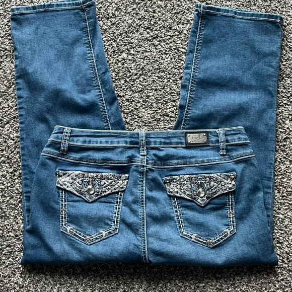 Earl Jeans Denim - Y2K Babydoll Blue Denim Bootcut Wide Leg Earl Jeans Size 12 Rhinestone Coquette